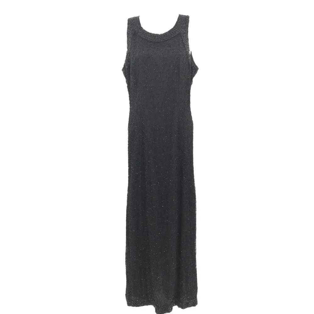 Laurence Kazar Beaded Silk Maxi Dress Women PM Black‎ Vintage Evening Gown